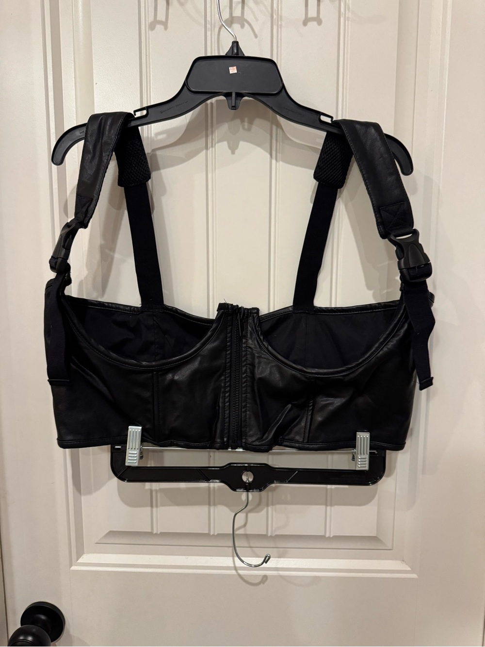 Black Leather Chest Bag with Adjustable Straps, black pleather leggings & shorts